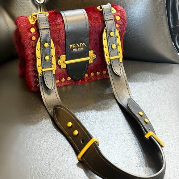 PRADA Cahier hair city pony-style calfskin faux fur crossbody bag granato black - Picture 3 of 12